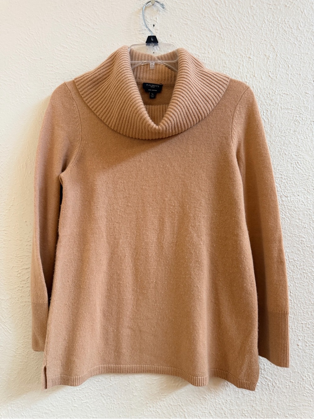 Talbots cashmere cowl neck sweater in tan camel